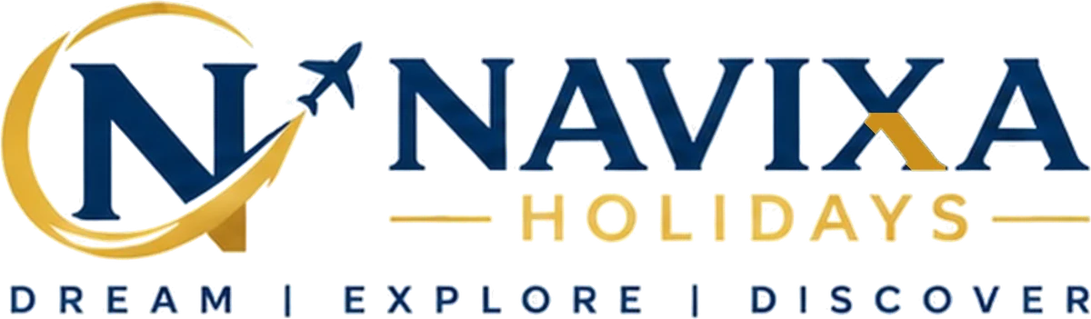 Navixa Holidays logo: navy N in a golden arc with an aeroplane, NAVIXA HOLIDAYS and the tagline Dream | Explore | Discover