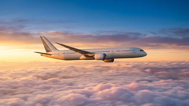 Commercial passenger airliner soaring through a golden sunset sky above clouds