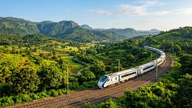 Modern express train speeding through lush green hills along scenic railway tracks
