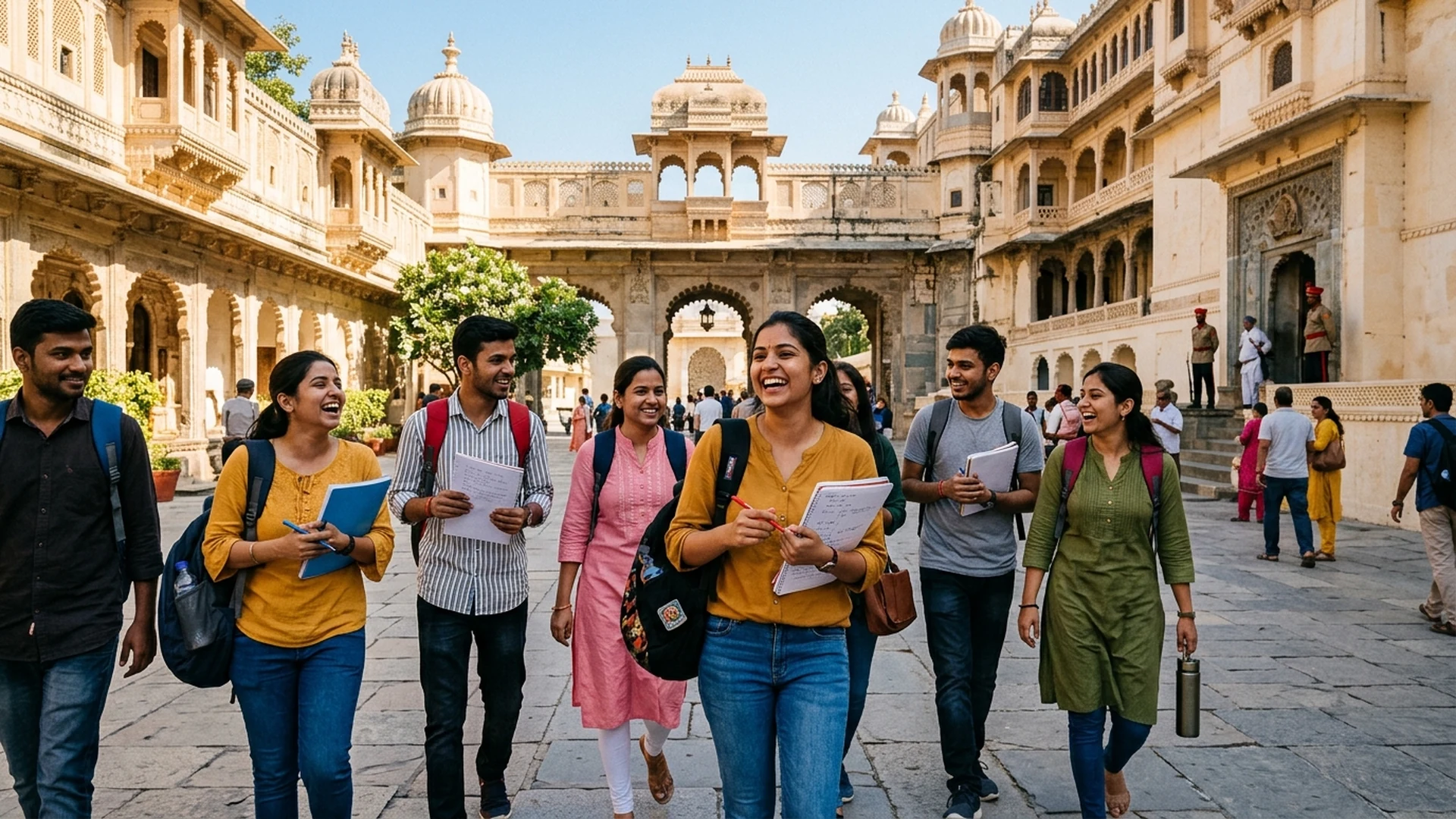 Indian students on an educational heritage tour in front of a majestic historic palace