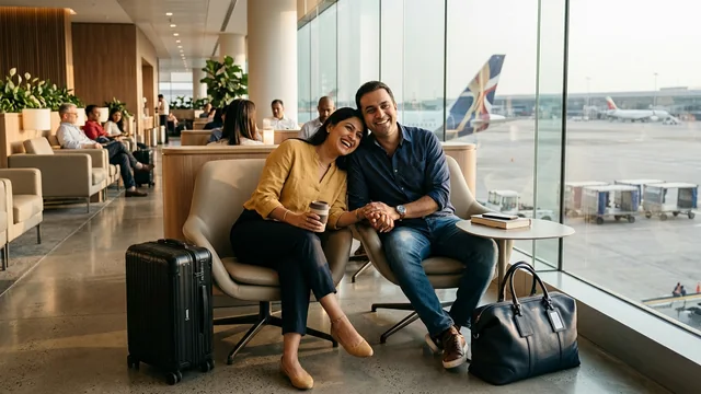 Travelers relaxing happily in an airport lounge with luggage for safe, worry-free journeys
