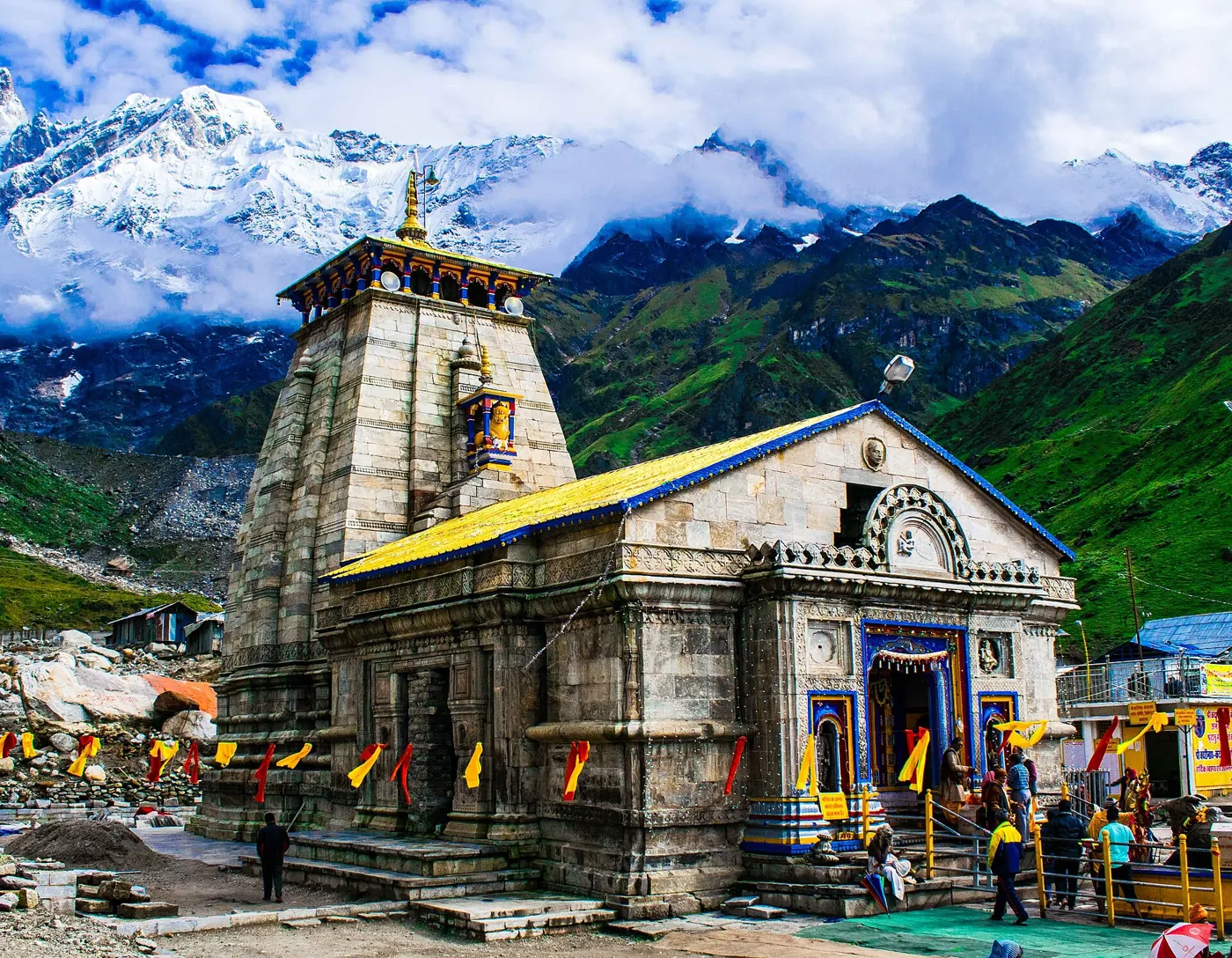 Kedarnath Temple below snow-capped Himalayan peaks