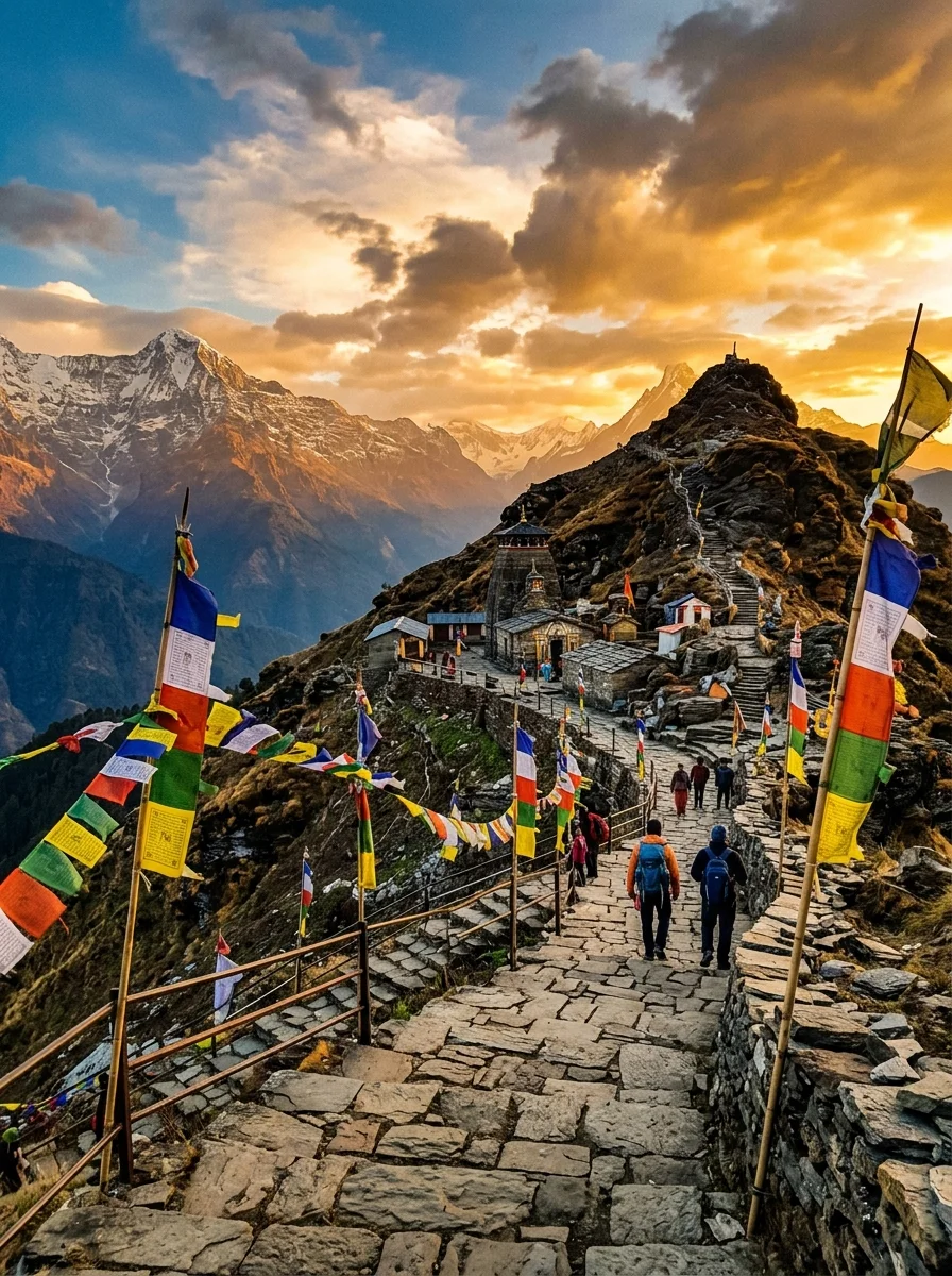 Chopta Tungnath and Chandrashila trail at sunset with prayer flags and stone temple