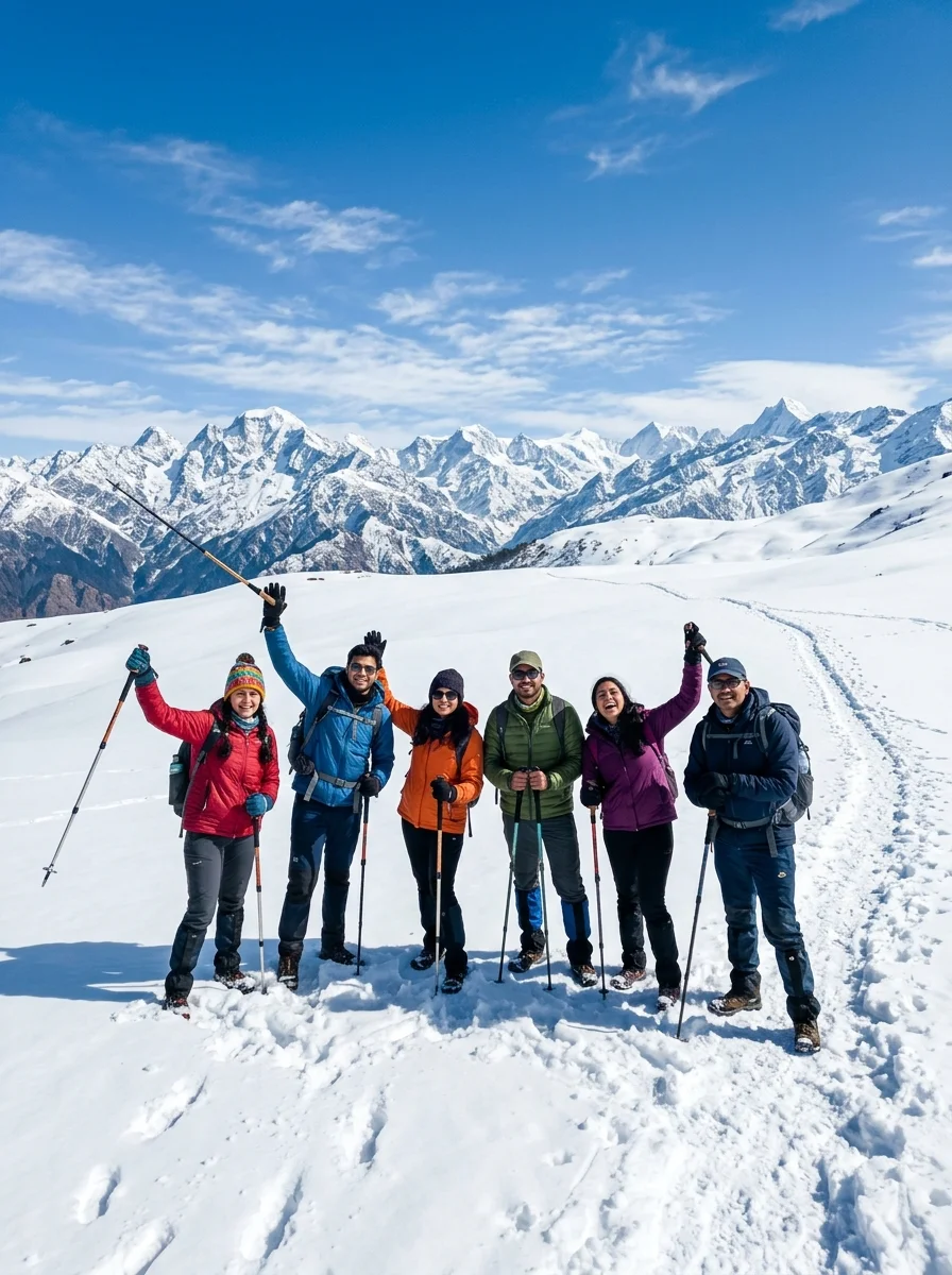 Trekkers rejoicing on Dayara Bugyal expansive snow meadow with Himalayan backdrop