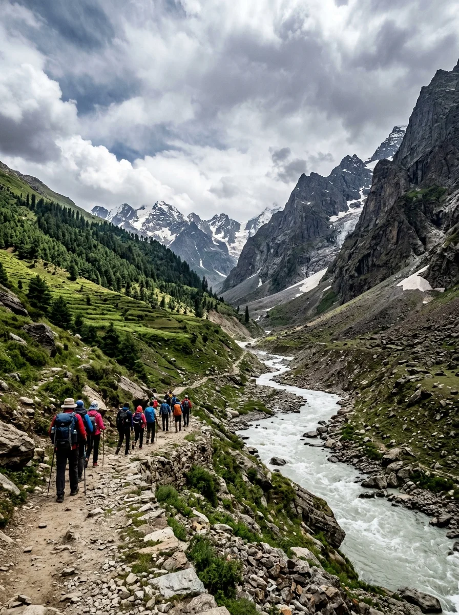 Hikers on trail through Hampta Pass mountain valley alongside glacial stream