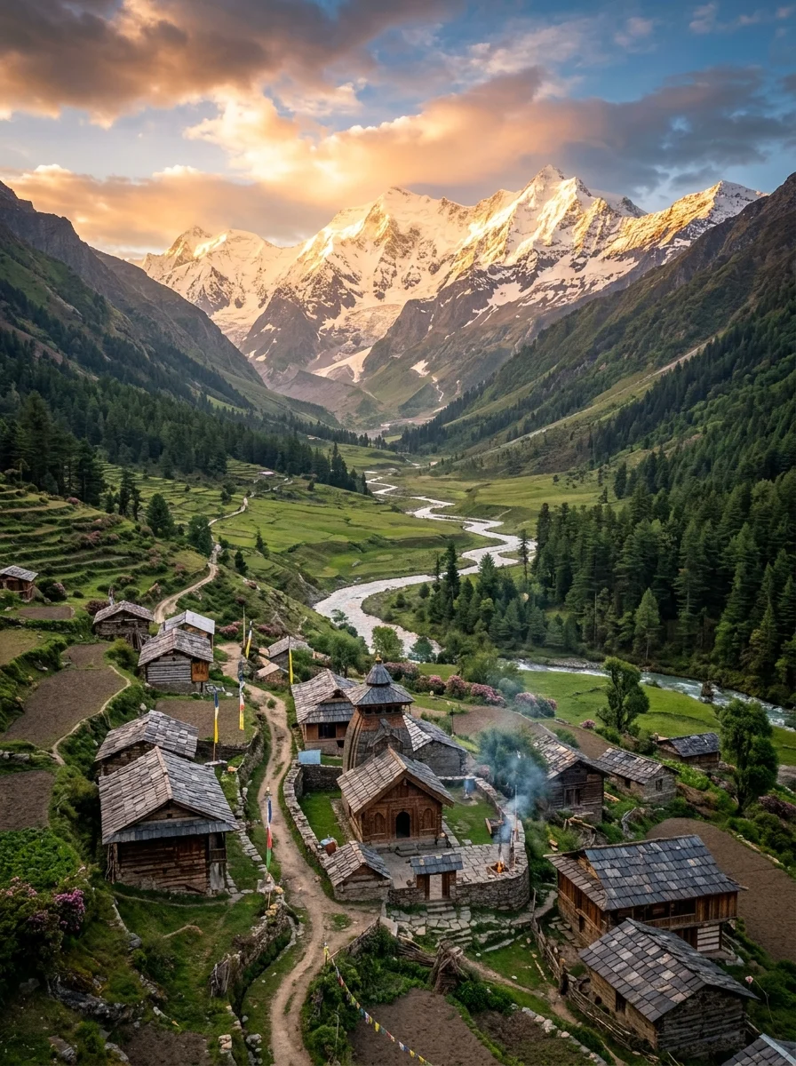 Har Ki Dun hanging valley with traditional wooden mountain houses and Swargarohini peak