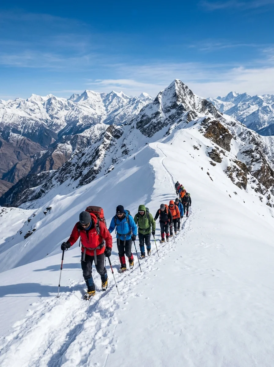Trekkers hiking up the snow-covered ridge of Kedarkantha peak