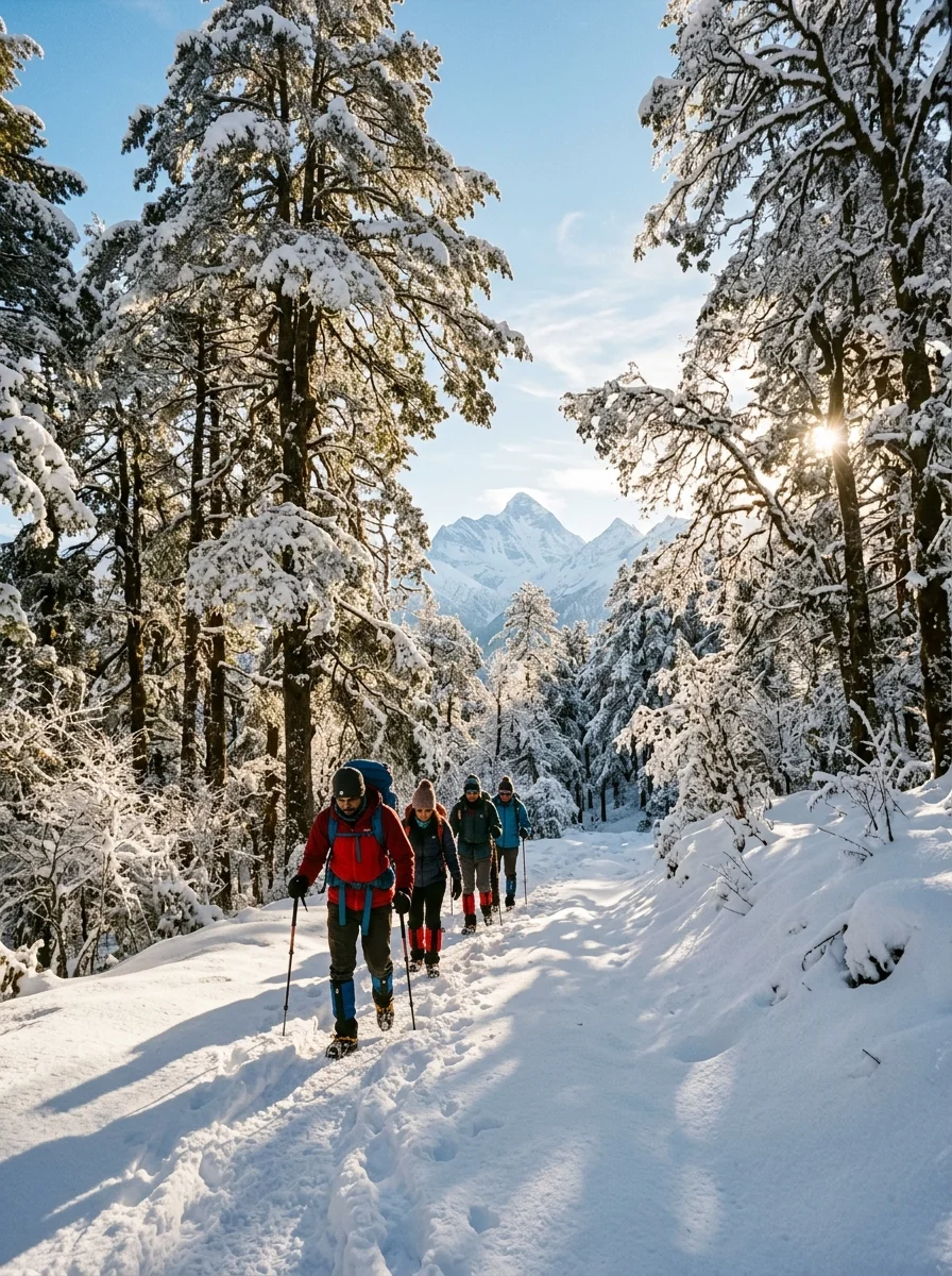 Winter trek trail through snow-laden pine forest towards Nanda Devi at Kuari Pass
