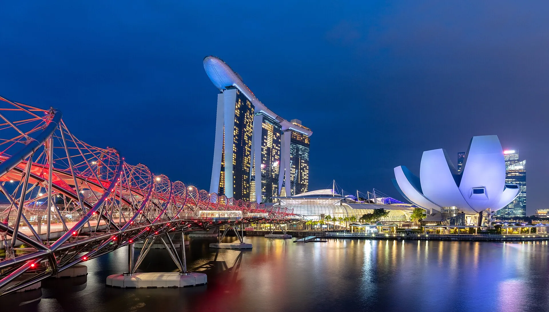 Helix Bridge, ArtScience Museum and Marina Bay Sands lit up at night