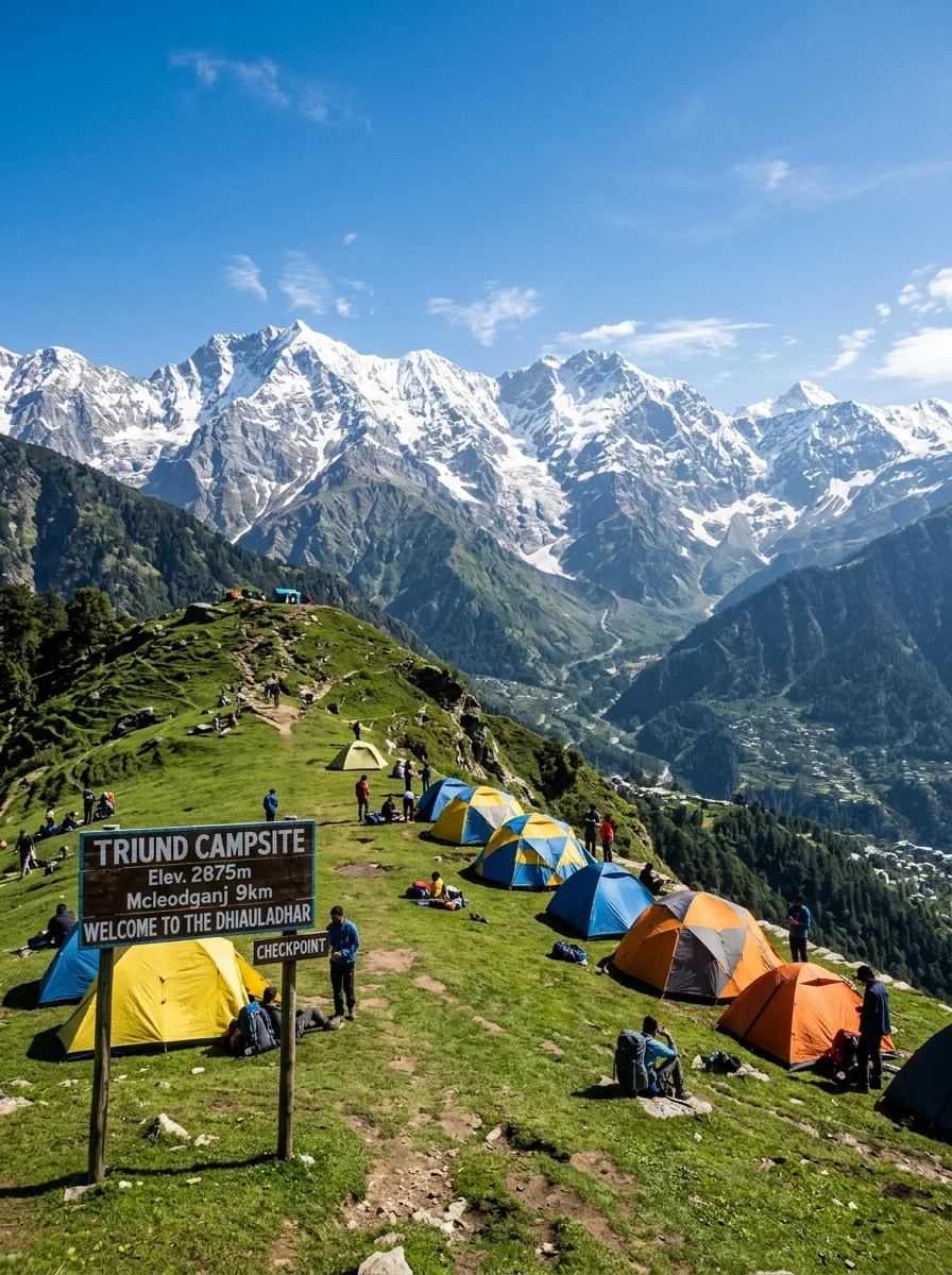 Triund campsite ridge with tents and panoramic Dhauladhar mountain peaks