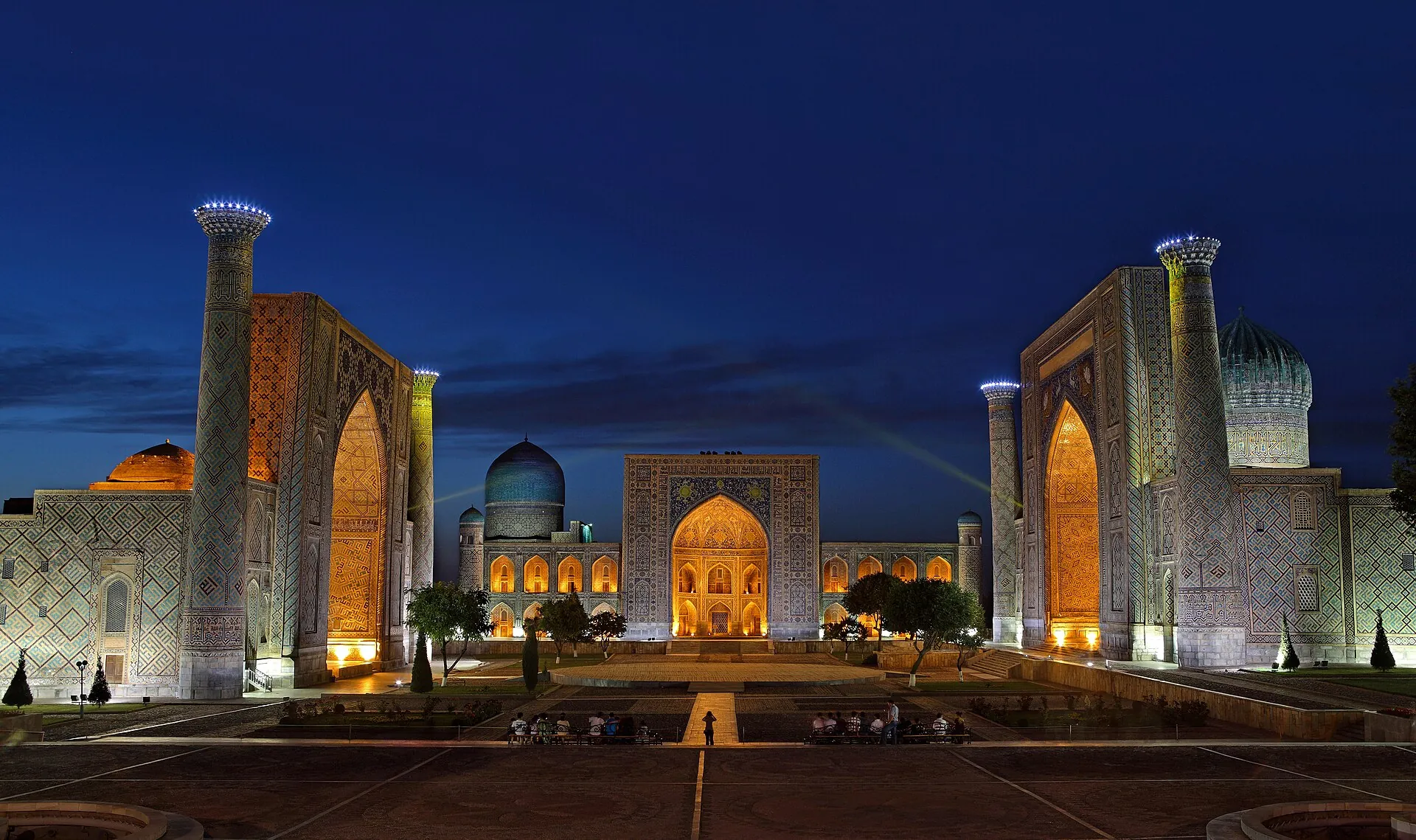 Registan Square in Samarkand lit up at night