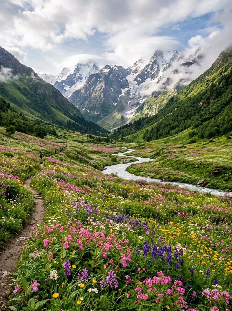 Valley of Flowers blooming alpine meadows and mountain peaks in Uttarakhand